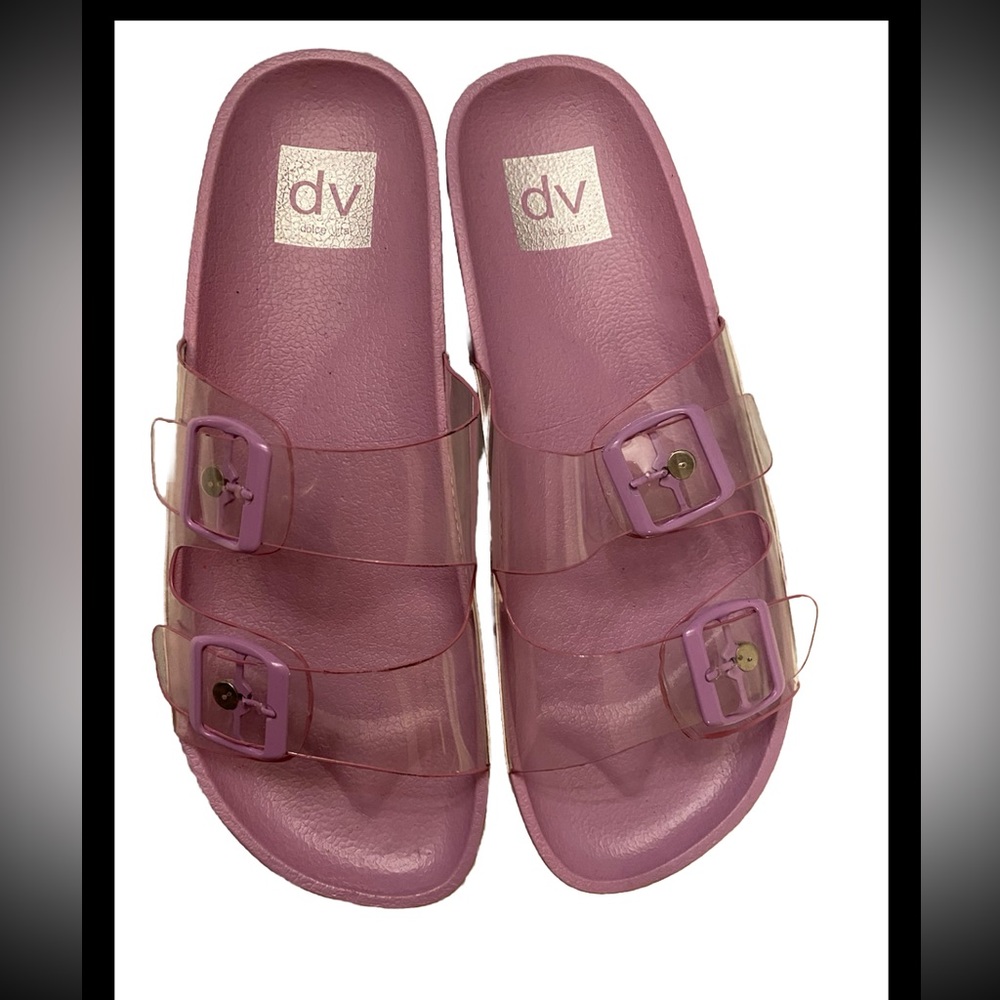 DV By Dolce Vita Sandals Sz 8 Purple SeeThru Clear Transparent Slides  Slip On
